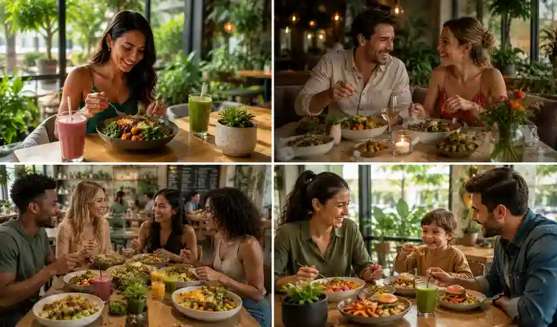 Houston vegan restaurants for couples, families, friends, and solo diners enjoying fresh plant-based meals together.